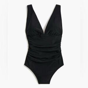 J.CREW Ruched One Piece Swimsuit Medium Black Plunge Neckline Flattering Fit NWT